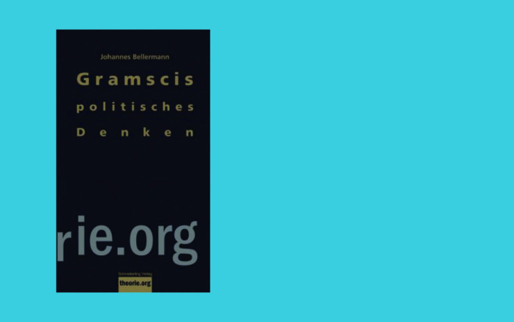 Vor einem türkisen Hintergrund ist das dunkle Cover des Einführungsband zu Gramsci abgebildet