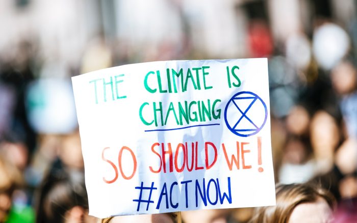 Vor einem verwischeten Hintergrund, der eine Demonstration darstellt ist zentriert im Bild ein Poster mit der Aufschrift"THE CLIMATE IS CHANGING SO SHOULD WE! #ACTNOW"