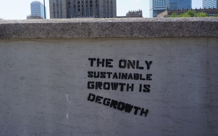 Mauer vor einer städtischen Skyline mit der Aufschrift "The only sustainable growth is degrowth"