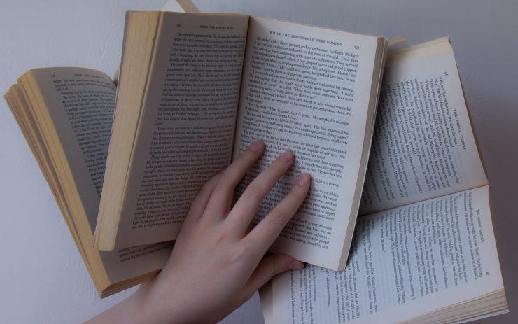 Eine Hand hält drei Bücher simultan vor einem grauen Hintergrund.